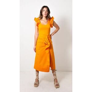 Ulla Johnson Isabella Dress in Marigold Knit Stretch Ruffle Size L NEW